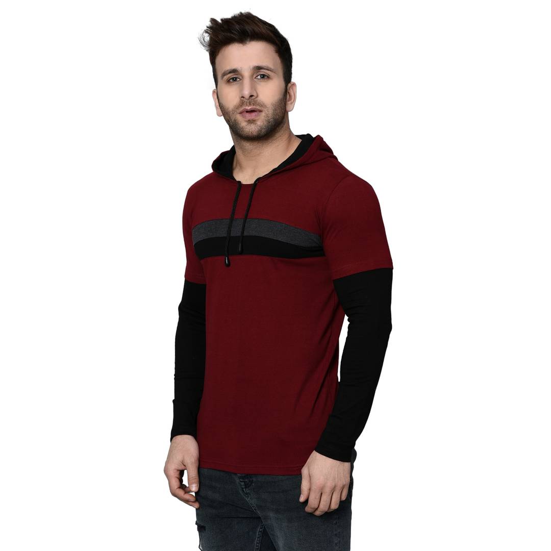 Men's Maroon Cotton Blend Self Pattern Hooded Tees