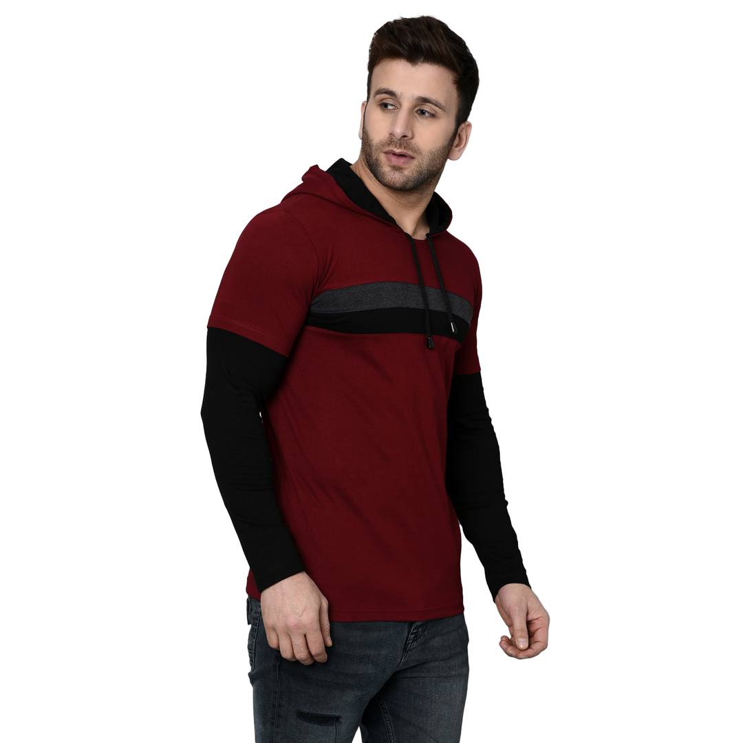 Men's Maroon Cotton Blend Self Pattern Hooded Tees