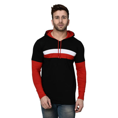 Men's Black Cotton Blend Self Pattern Hooded Tees