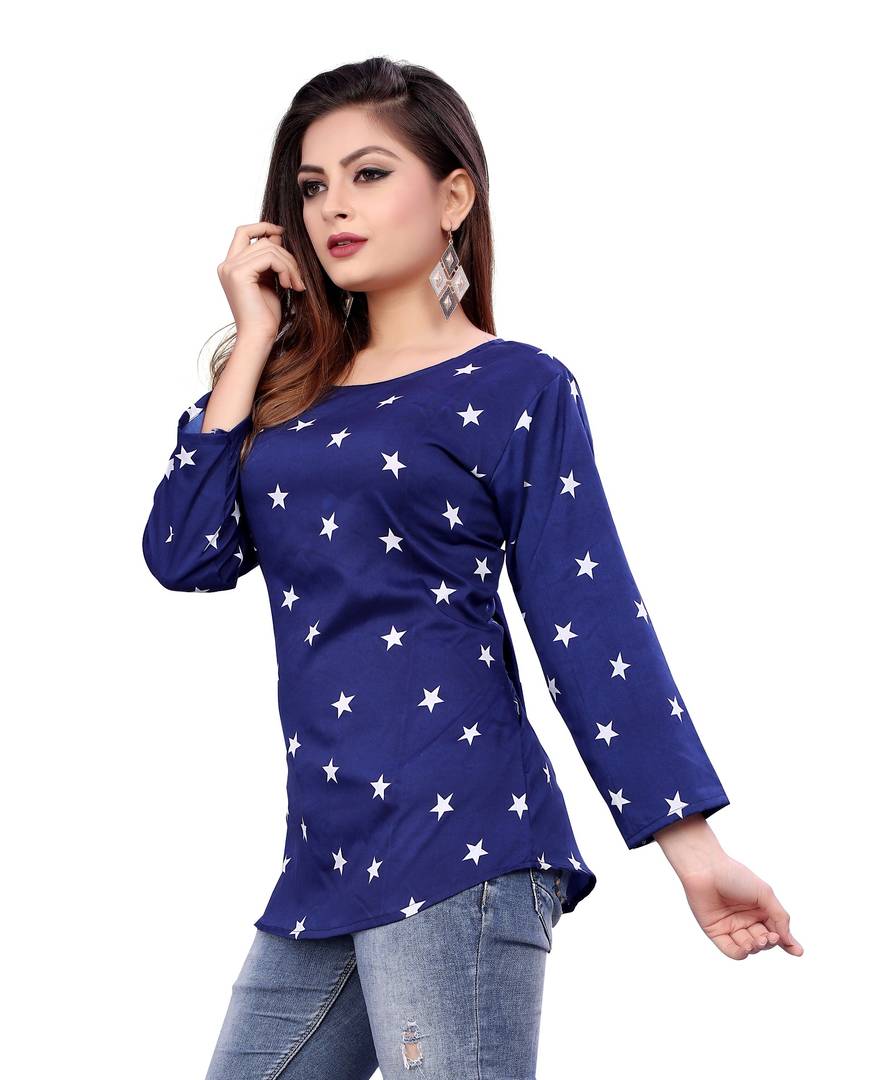 Women's Blue Crepe Printed Regular Length Top