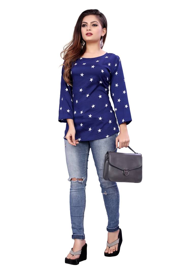 Women's Blue Crepe Printed Regular Length Top