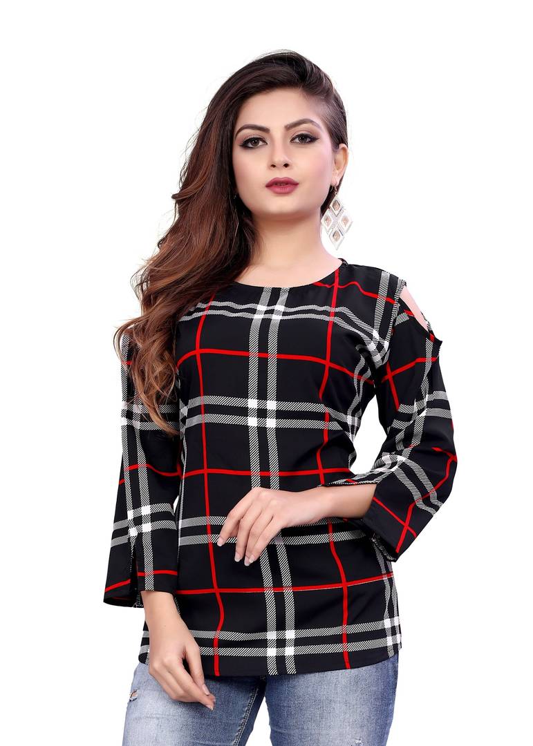 Women's Black Crepe Checked Regular Length Top