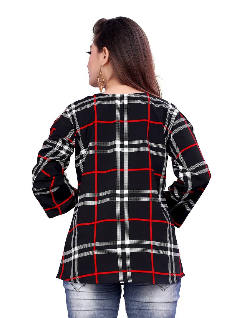 Women's Black Crepe Checked Regular Length Top