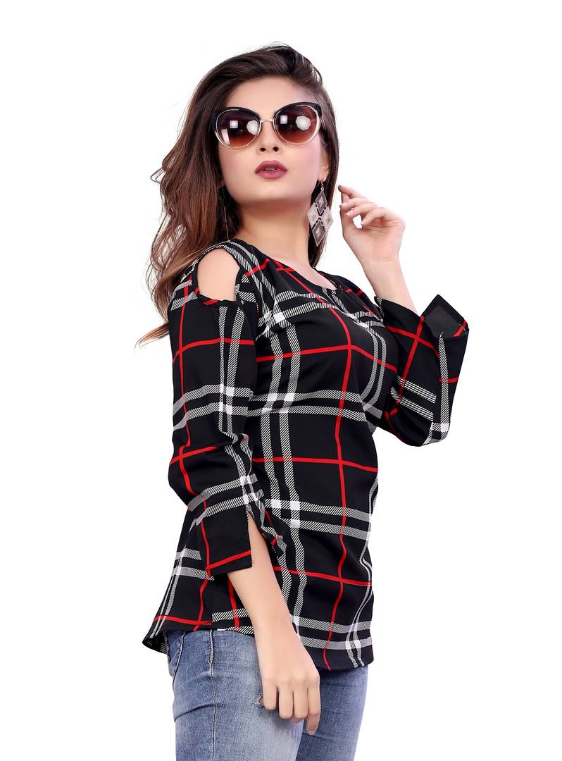 Women's Black Crepe Checked Regular Length Top