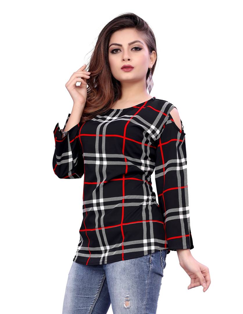 Women's Black Crepe Checked Regular Length Top