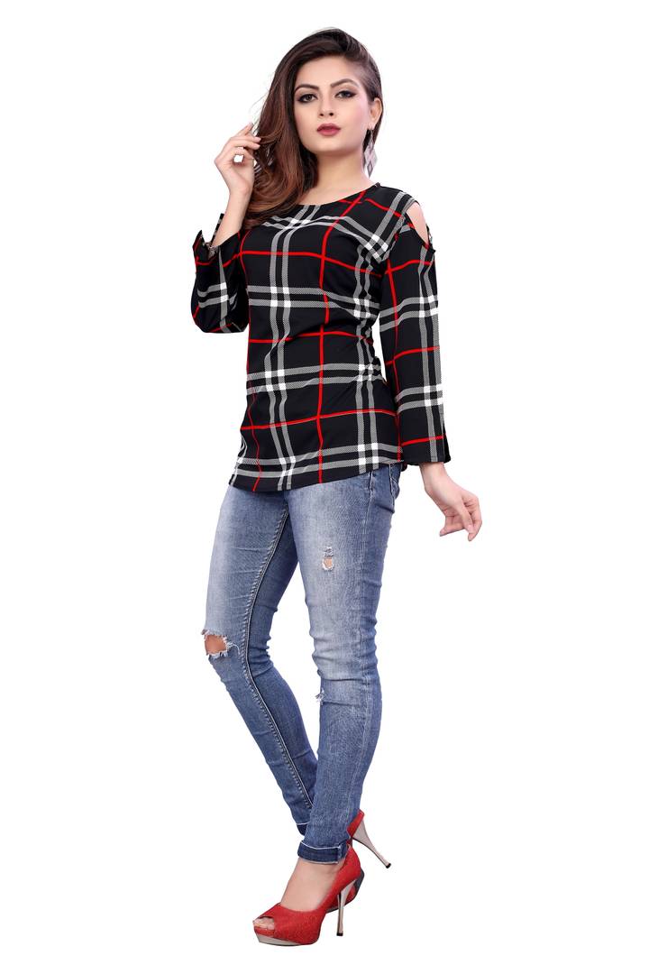 Women's Black Crepe Checked Regular Length Top