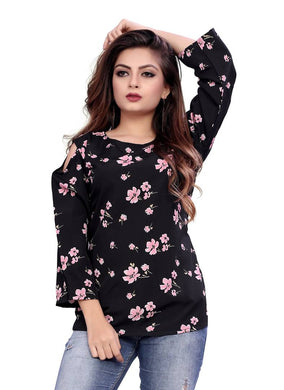 Women Black Crepe Printed Blouse Top