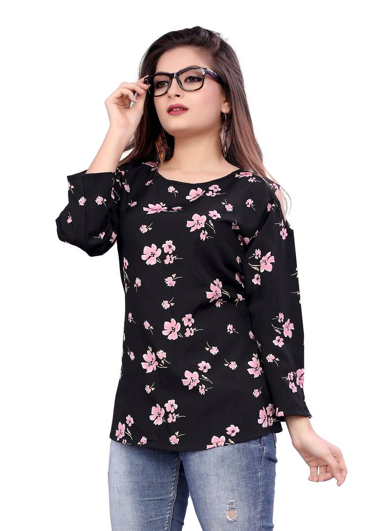 Women Black Crepe Printed Blouse Top