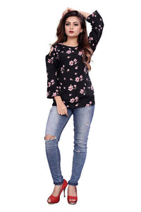 Women Black Crepe Printed Blouse Top