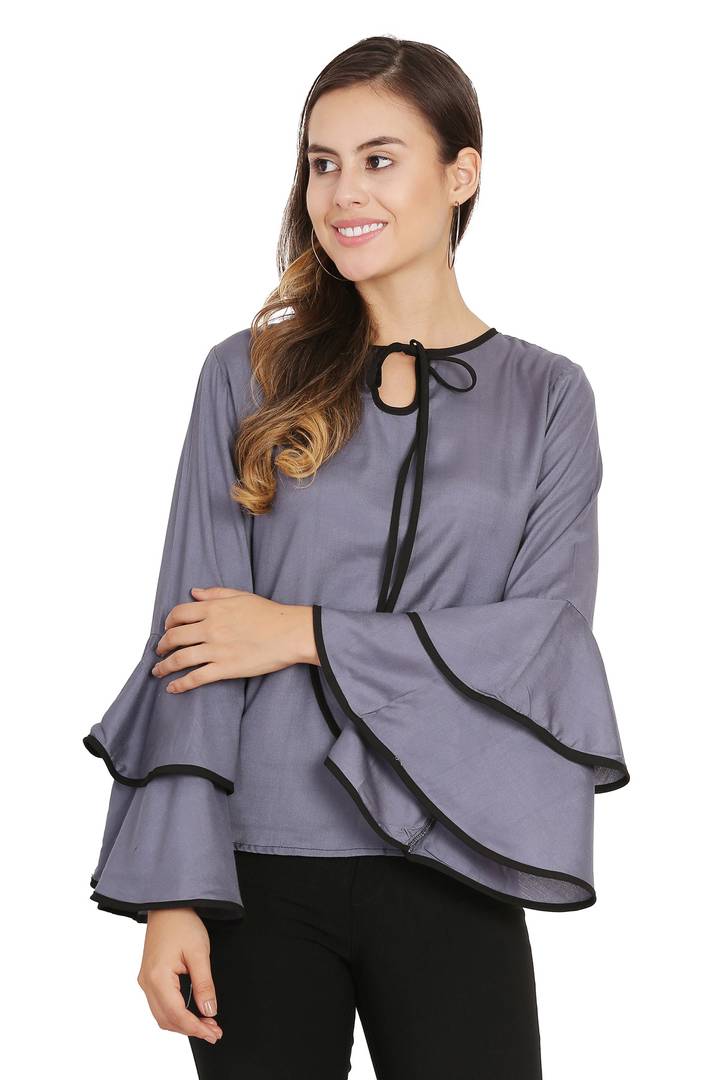 Women Grey Piping High Flair Bell Sleeves Top