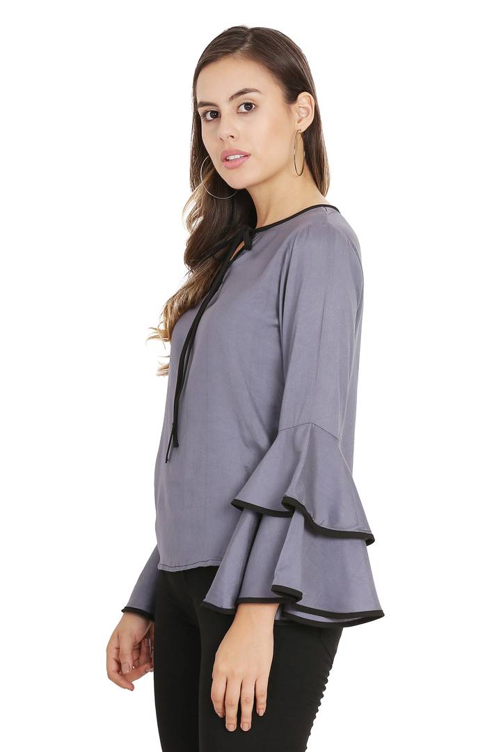 Women Grey Piping High Flair Bell Sleeves Top