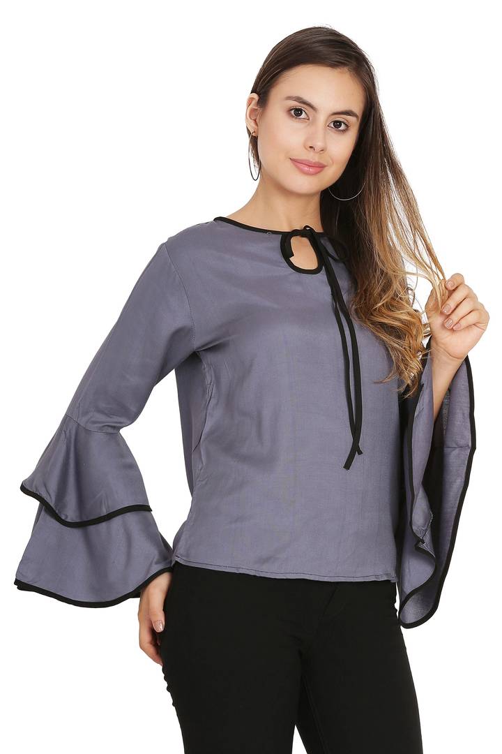 Women Grey Piping High Flair Bell Sleeves Top