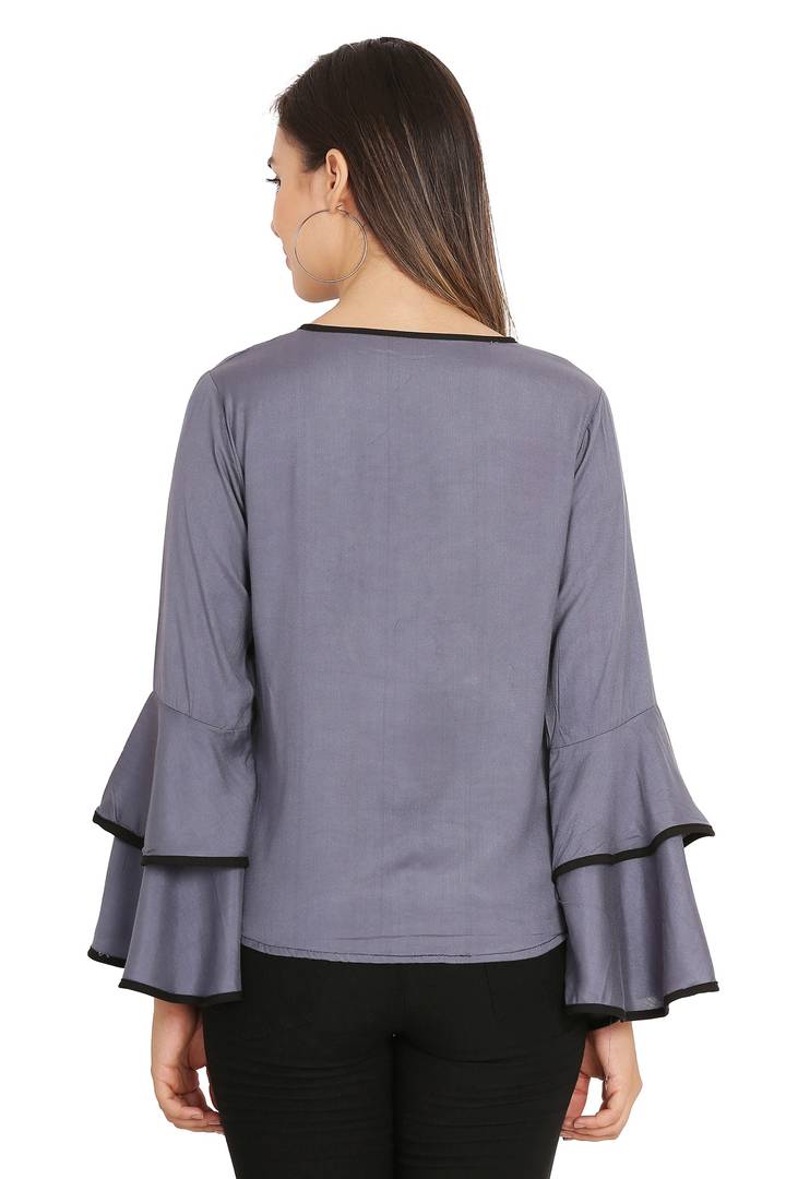 Women Grey Piping High Flair Bell Sleeves Top