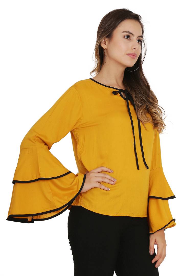 Mustured Piping High Flair Bell Sleeves Top