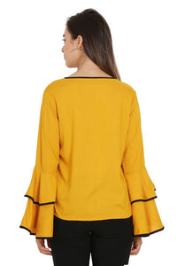 Mustured Piping High Flair Bell Sleeves Top