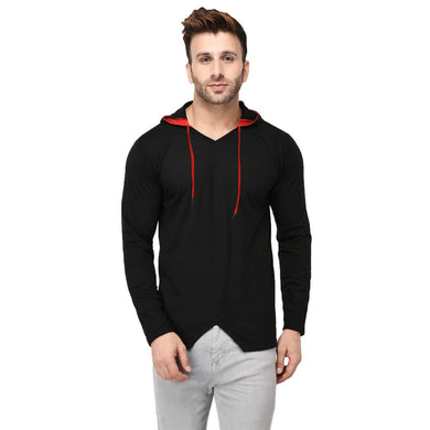 Men's Black Cotton Blend Solid Hooded Tees