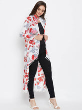Load image into Gallery viewer, Flower Printed Pom Pom Lace Shrug