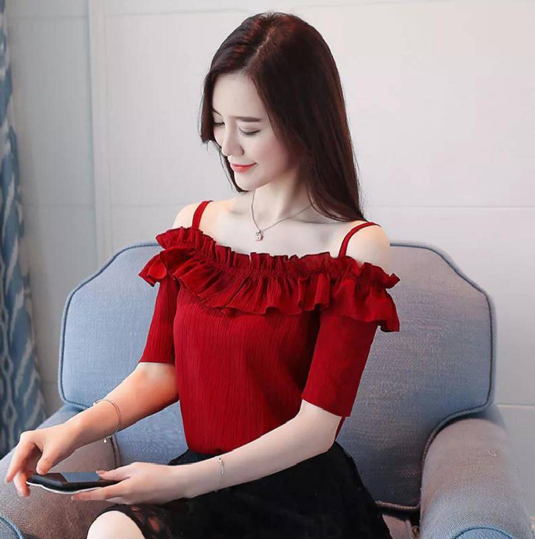 Women Maroon Rayon Crepe Off Shoulder Top