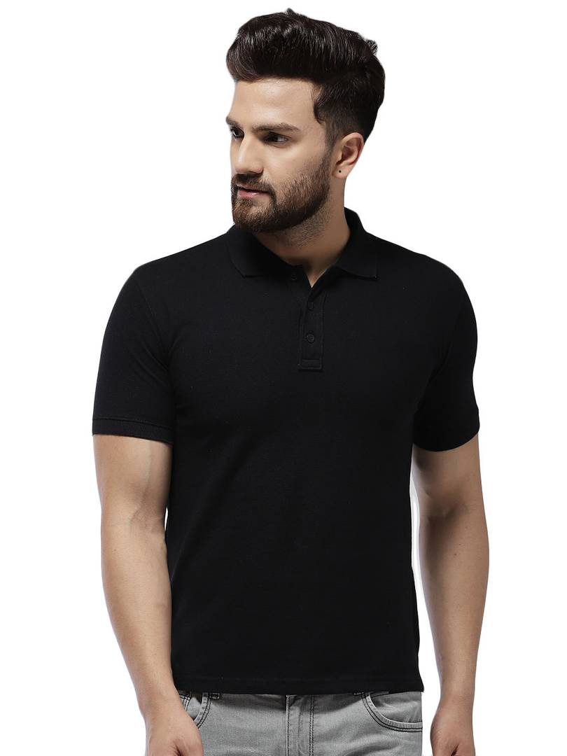 Men's Black Cotton Blend Solid Polos T-Shirt