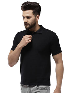 Men's Black Cotton Blend Solid Polos T-Shirt