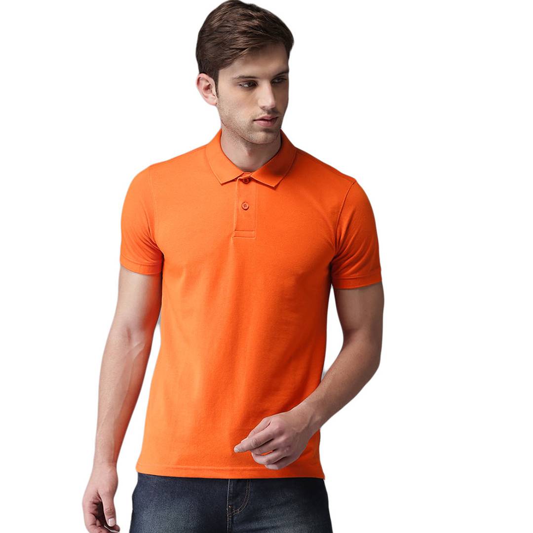 Men's Orange Cotton Blend Solid Polos T-Shirt