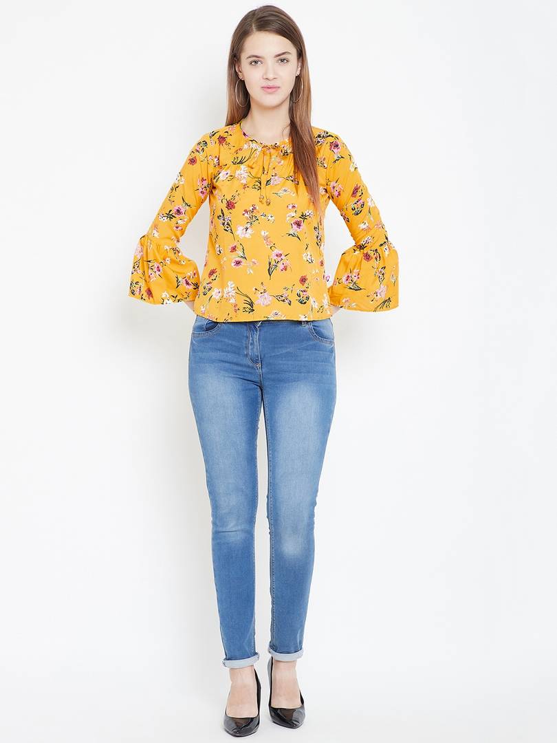 Women Mustard Color Floral Printed Crepe Top