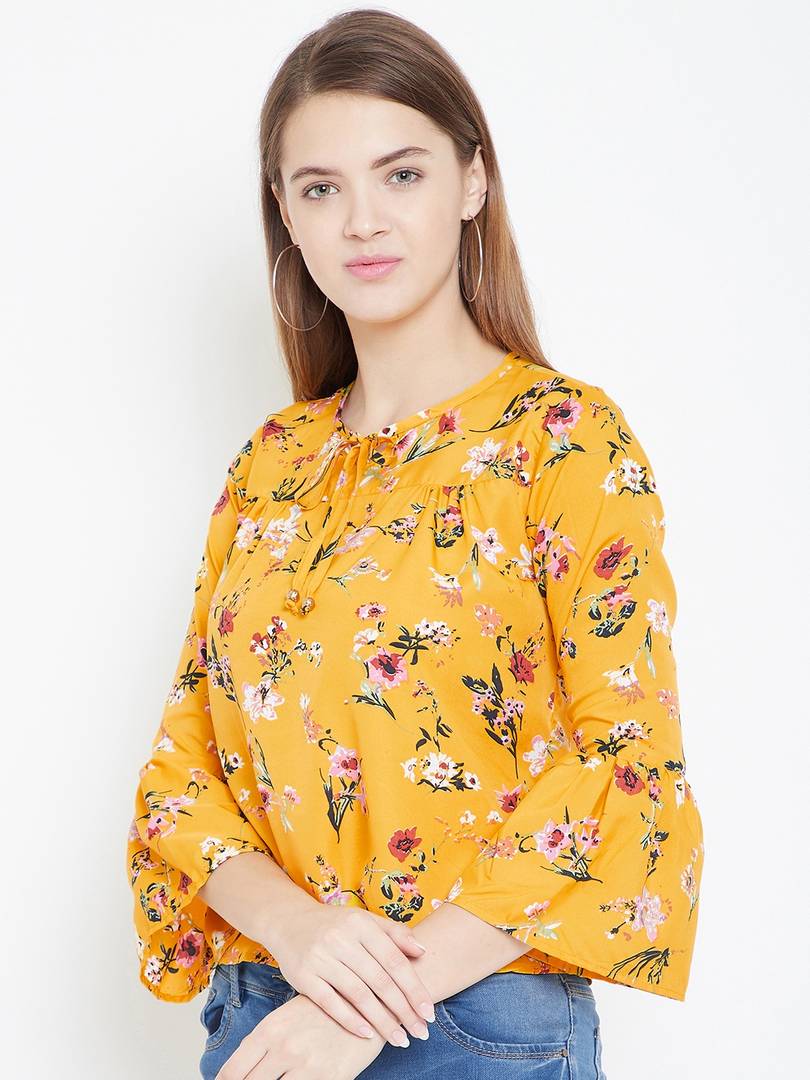 Women Mustard Color Floral Printed Crepe Top