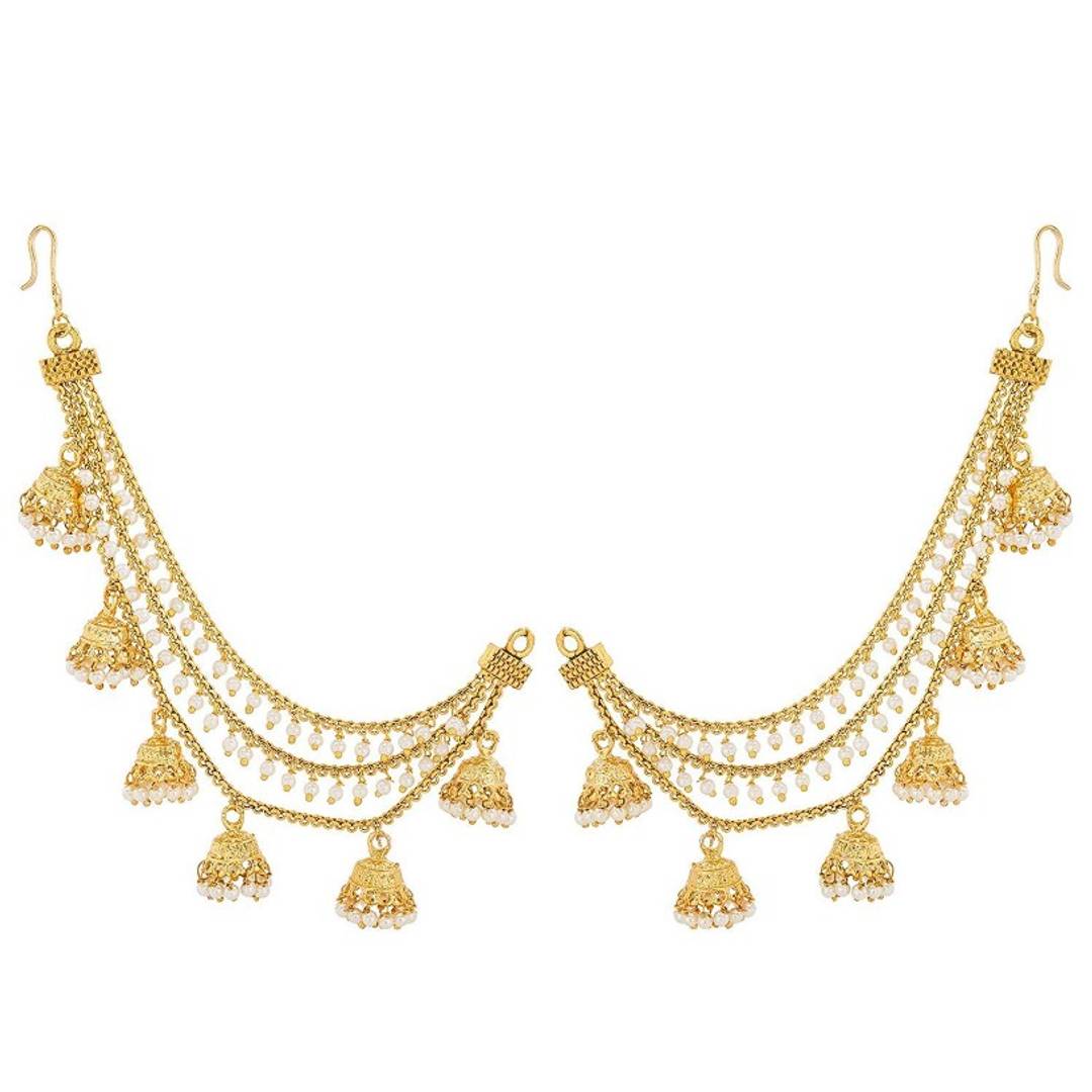 Gold Plated  Bahubali Inspired Three Layer Jhumkha Pearl Hair Chain For Women