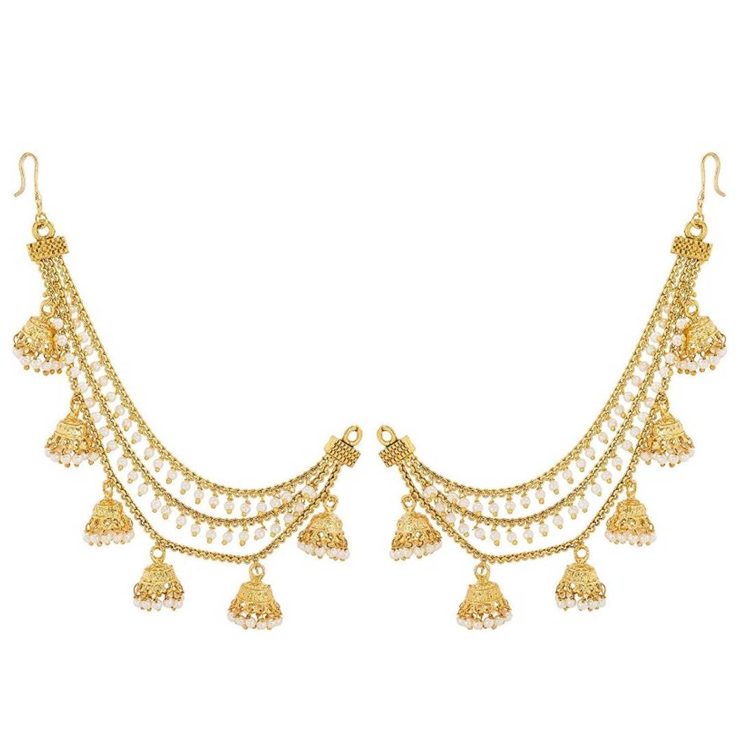 Gold Plated  Bahubali Inspired Three Layer Jhumkha Pearl Hair Chain For Women