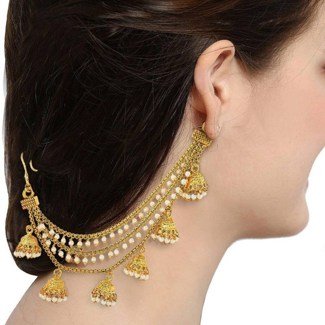 Gold Plated  Bahubali Inspired Three Layer Jhumkha Pearl Hair Chain For Women