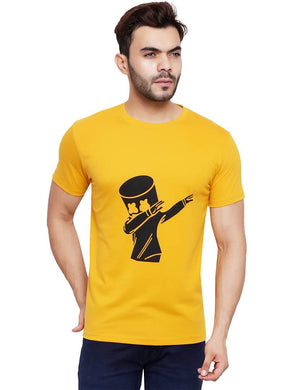 Men's Yellow Cotton Blend Printed Round Neck Tees