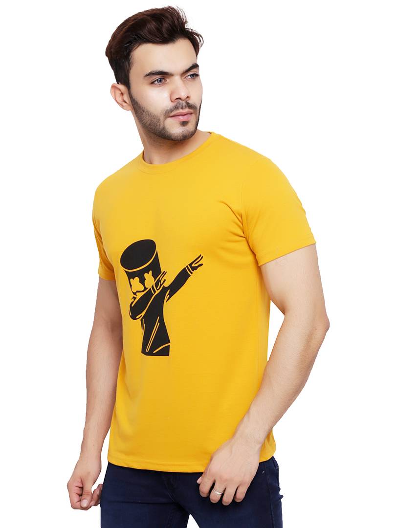 Men's Yellow Cotton Blend Printed Round Neck Tees
