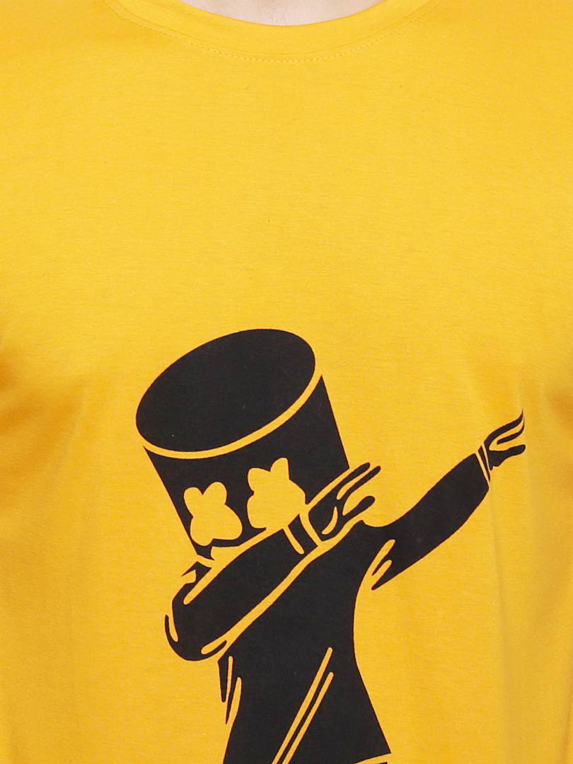 Men's Yellow Cotton Blend Printed Round Neck Tees