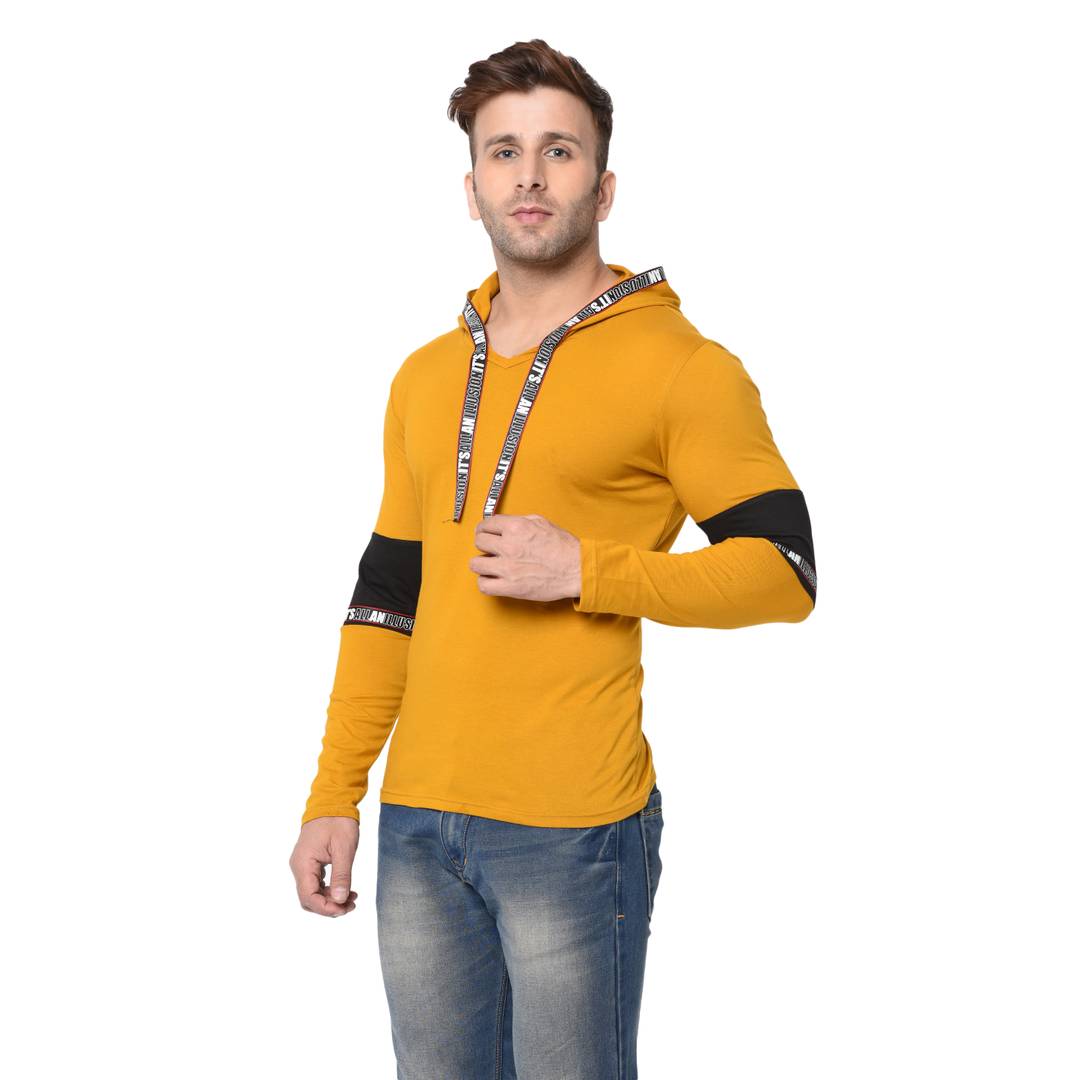 Men's Yellow Typography Cotton Self Pattern Hooded T-Shirt - SVB Ventures 