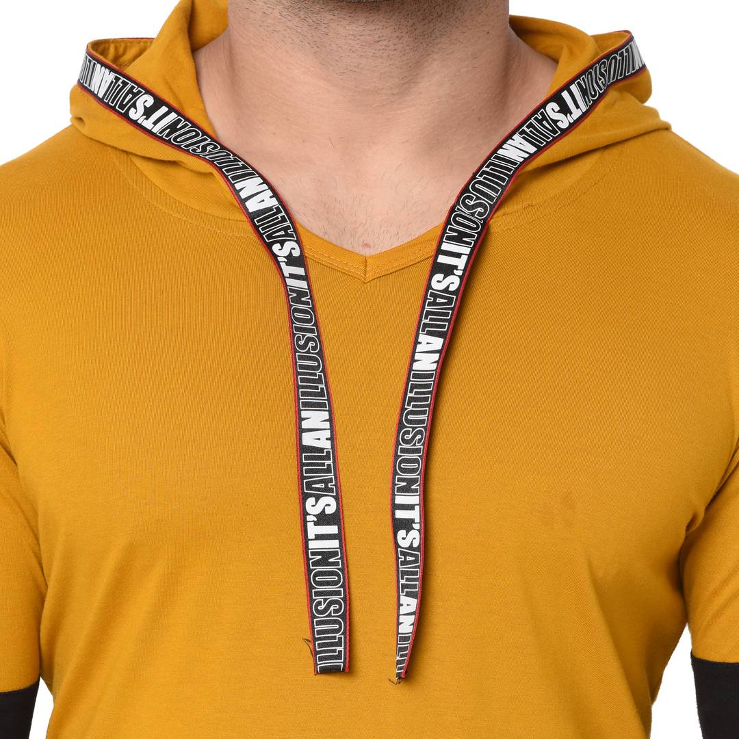 Men's Yellow Typography Cotton Self Pattern Hooded T-Shirt - SVB Ventures 