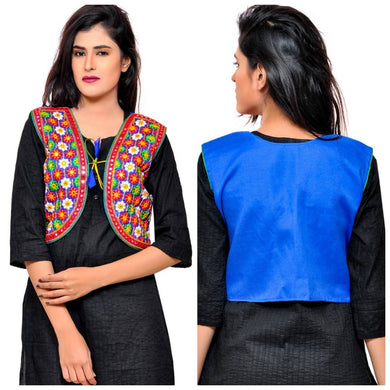 Women's Cotton Blend Kutchi Embroidered Sleeveless Short Jacket/Koti/Shrug (Phulwali)