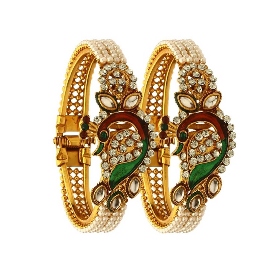 Gold Plated Meenakari Peacock Design Pearl Cuff Kada Bangle