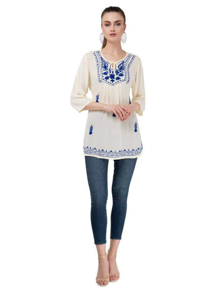 Women's Rayon Cream Embroidered Top