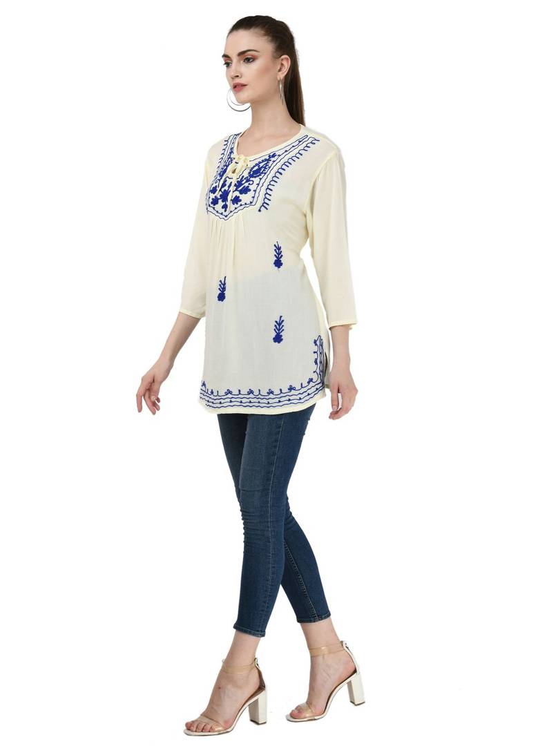 Women's Rayon Cream Embroidered Top