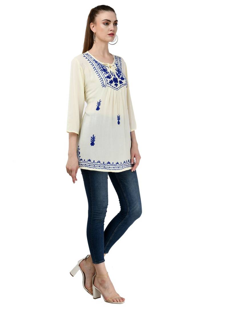 Women's Rayon Cream Embroidered Top