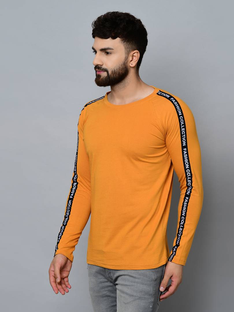 Men's Yellow Cotton Self Pattern Round Neck Tees