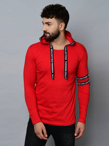Men's Red Cotton Self Pattern Hooded Tees - SVB Ventures 