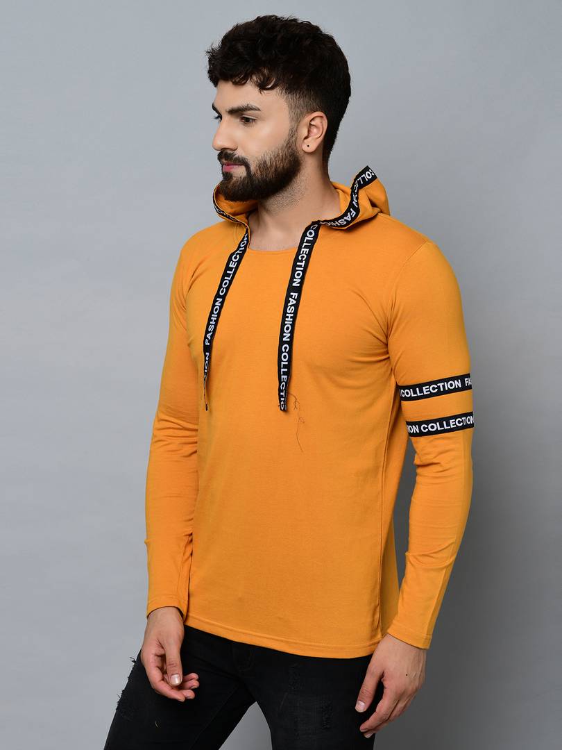 Men's Yellow Cotton Self Pattern Hooded Tees