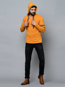 Men's Yellow Cotton Self Pattern Hooded Tees