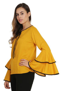 Mustured Piping High Flair Bell Sleeves Top