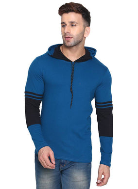 Men's Blue Cotton Self Pattern Hooded Tees