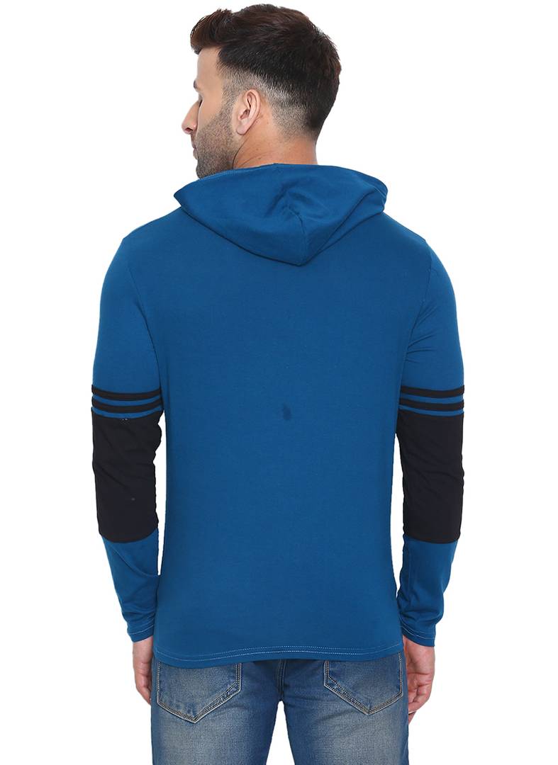 Men's Blue Cotton Self Pattern Hooded Tees