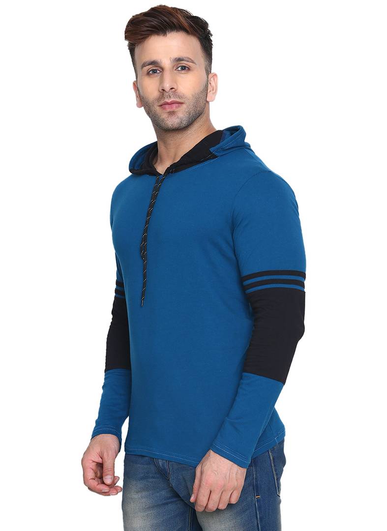 Men's Blue Cotton Self Pattern Hooded Tees
