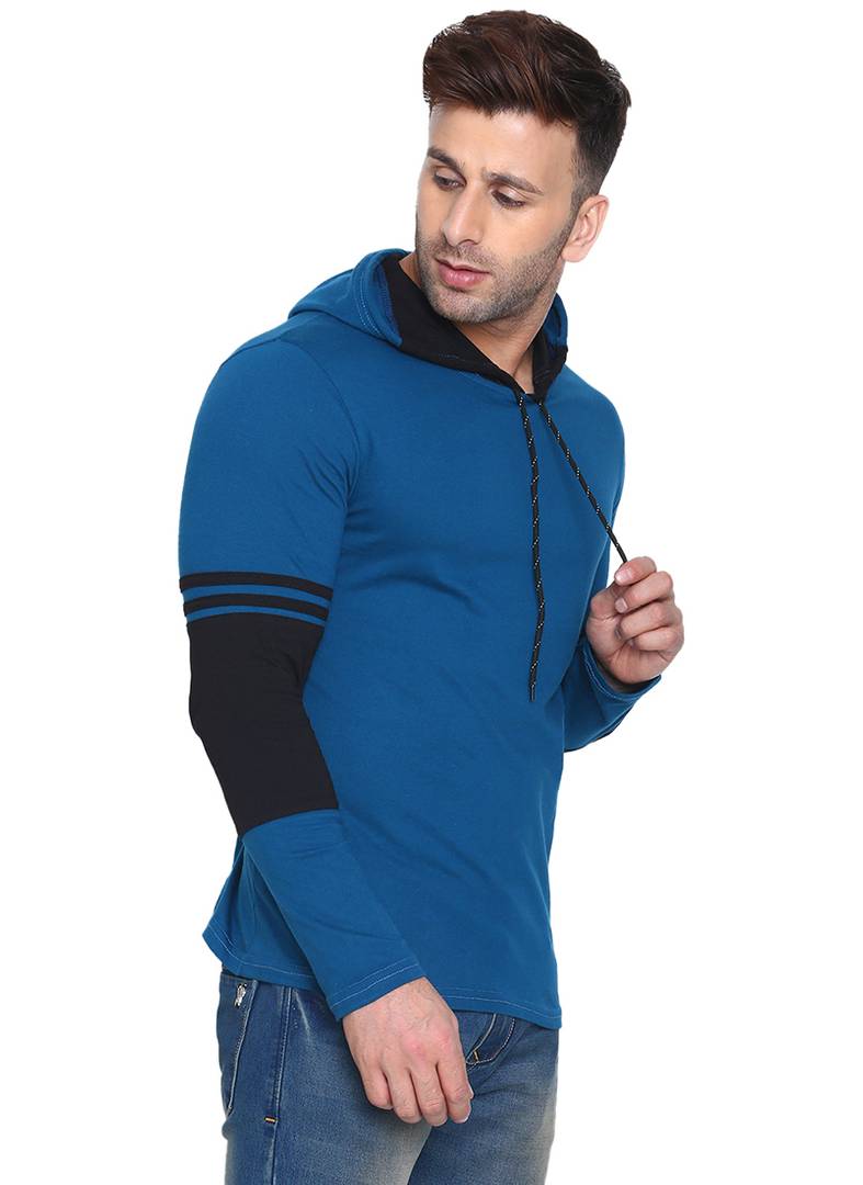 Men's Blue Cotton Self Pattern Hooded Tees