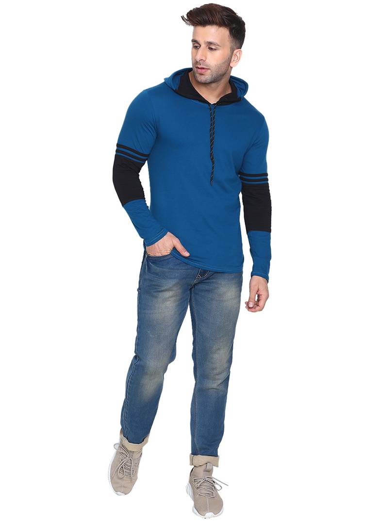 Men's Blue Cotton Self Pattern Hooded Tees